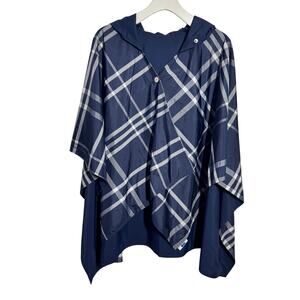 RainRap Water Repellent Lightwieght Poncho Women OS Navy Blue Plaid Reversible
